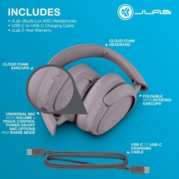 JLab JBuds Lux Active Noise Cancellation Wireless Bluetooth Headphones, Custom EQ, Over-Ear, Be Aware Safety Mode. Foldable, iPhone / Android - Image 5