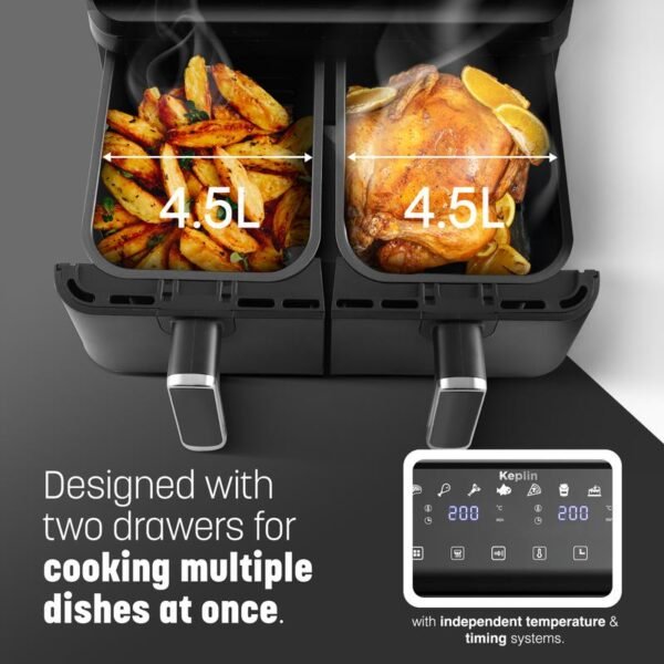 Keplin Dual Zone Air Fryer – Extra-Large 9L Capacity, 6 Cooking Functions, Energy-Saving Family Cooker for Roasting, Baking & Crisping - Image 4
