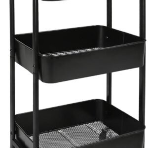 Carrito de almacenamiento con ruedas de 3 niveles – Estantería metálica con cesta de malla,